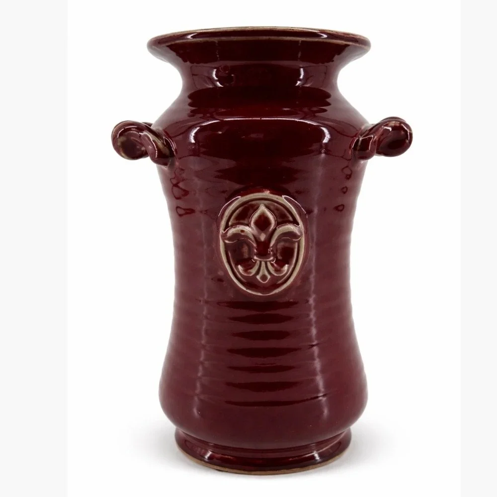Burgundy Glazed Ceramic Fleur De Lis Vase with Scrolled Handles 12 Inch